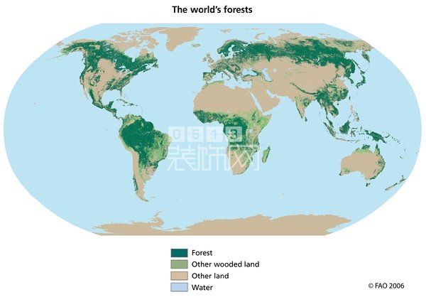 图03:全球森林资源分布示意(联合国粮食和农业组织2003年数据)【注2